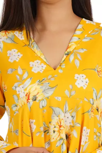 Yellow printed high low full sleeve dress