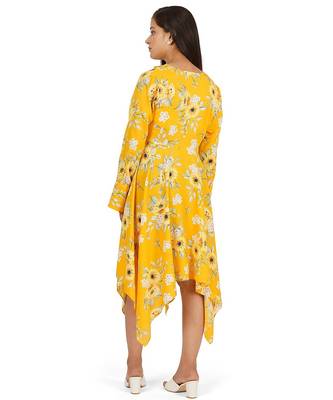 Yellow printed high low full sleeve dress 3