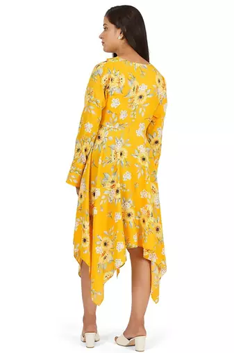 Yellow printed high low full sleeve dress