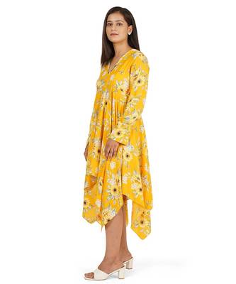 Yellow printed high low full sleeve dress 4