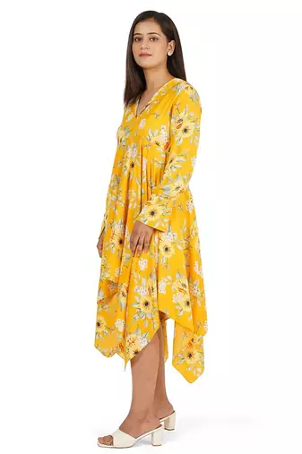 Yellow printed high low full sleeve dress