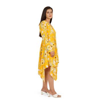 Yellow printed high low full sleeve dress 5