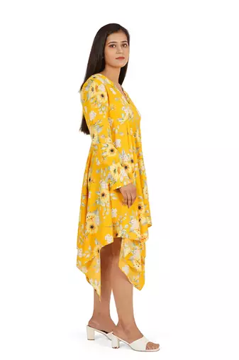 Yellow printed high low full sleeve dress