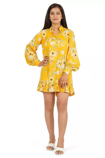 Yellow printed full sleeve short dress