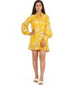 Yellow printed full sleeve short dress