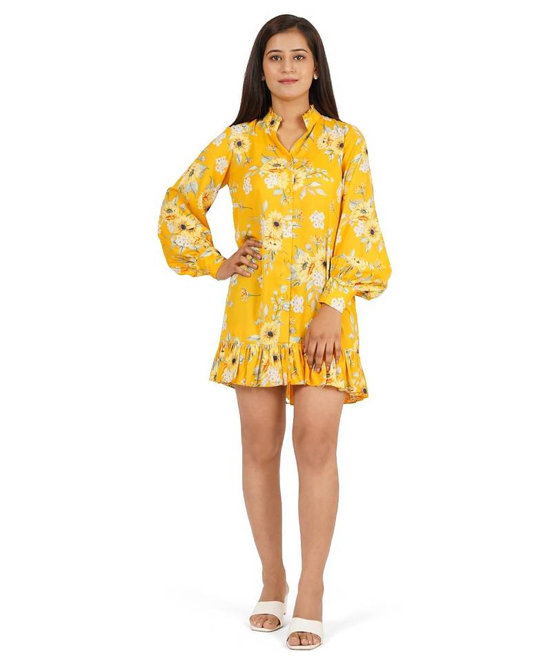 Yellow printed full sleeve short dress