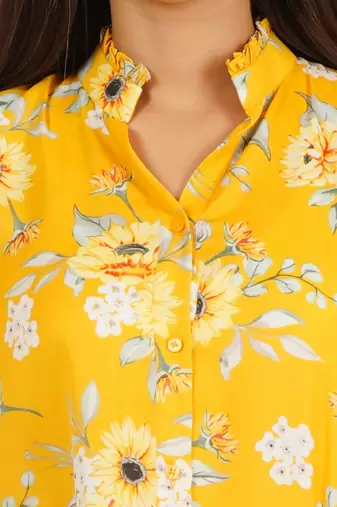 Yellow printed full sleeve short dress