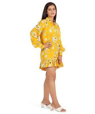 Yellow printed full sleeve short dress 3