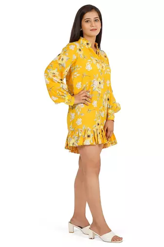 Yellow printed full sleeve short dress