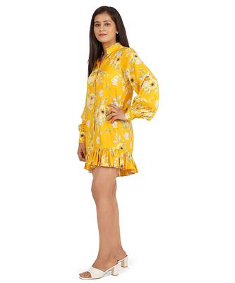 Yellow printed full sleeve short dress 4
