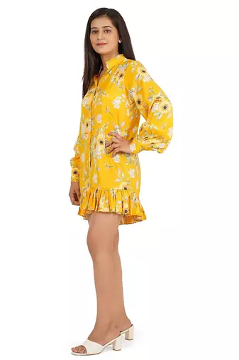 Yellow printed full sleeve short dress