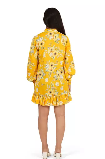 Yellow printed full sleeve short dress