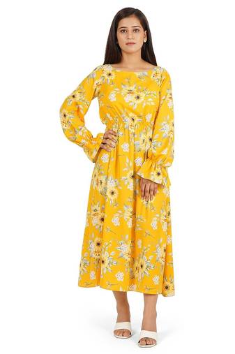 Yellow printed boat neck a-line long dress