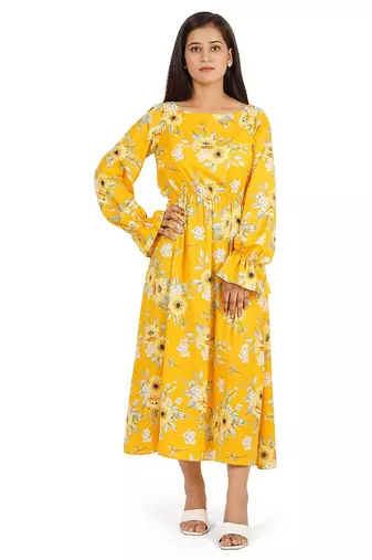 Yellow printed boat neck a-line long dress