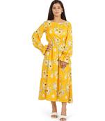 Yellow printed boat neck a-line long dress