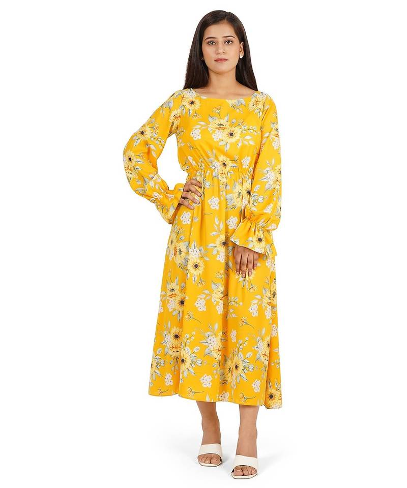 Yellow printed boat neck a-line long dress