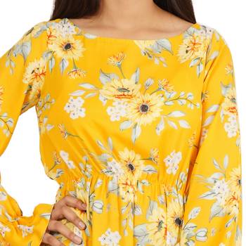 Yellow printed boat neck a-line long dress 2