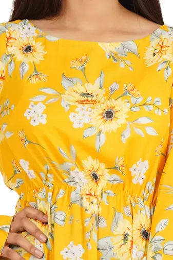 Yellow printed boat neck a-line long dress