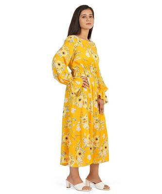 Yellow printed boat neck a-line long dress 3