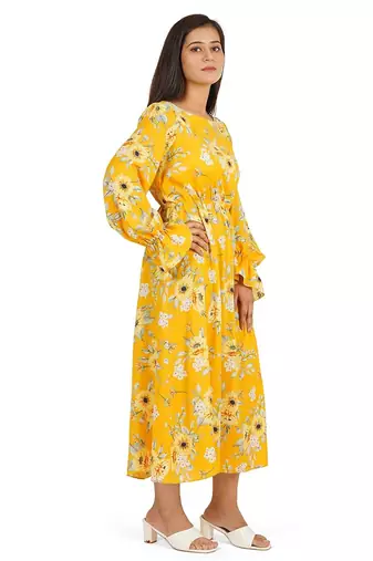 Yellow printed boat neck a-line long dress