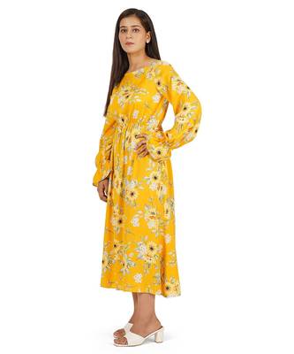 Yellow printed boat neck a-line long dress 4