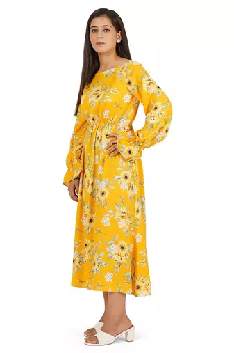 Yellow printed boat neck a-line long dress