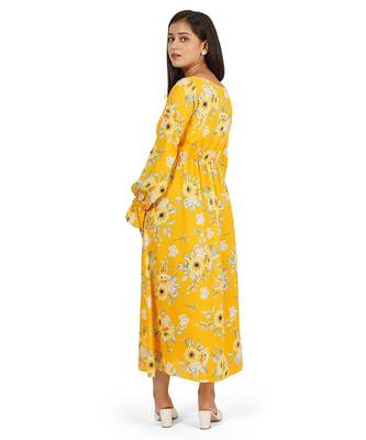 Yellow printed boat neck a-line long dress 5