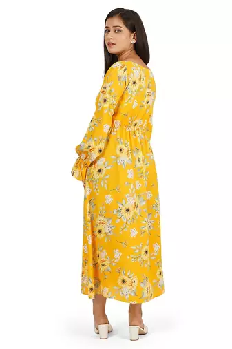 Yellow printed boat neck a-line long dress