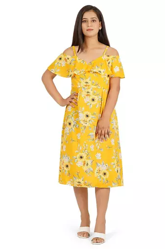 Yellow printed off shoulder ruffle dress