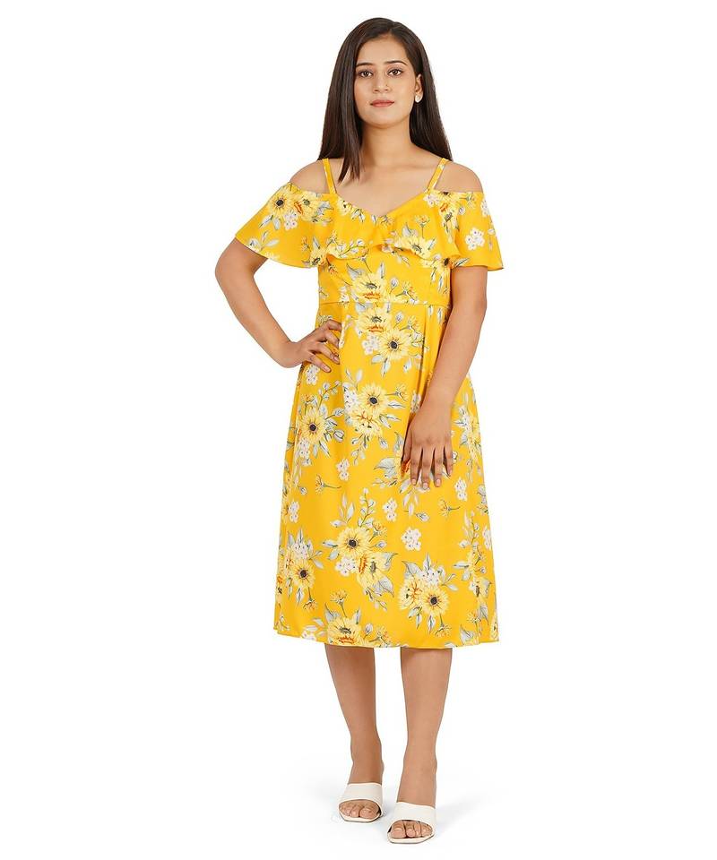 Yellow printed off shoulder ruffle dress
