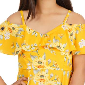 Yellow printed off shoulder ruffle dress 2