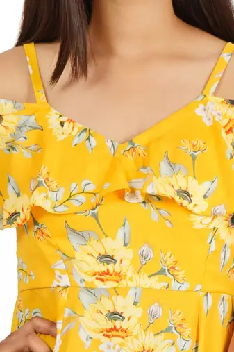 Yellow printed off shoulder ruffle dress