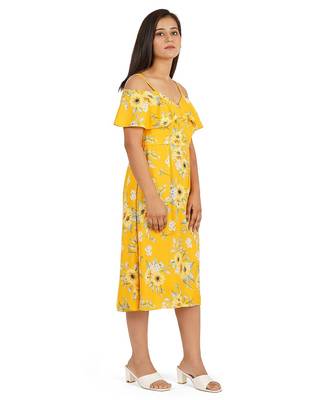 Yellow printed off shoulder ruffle dress 3