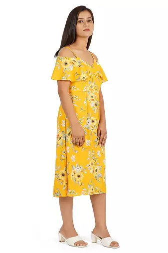 Yellow printed off shoulder ruffle dress