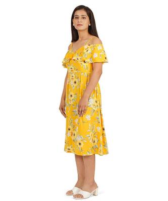 Yellow printed off shoulder ruffle dress 4