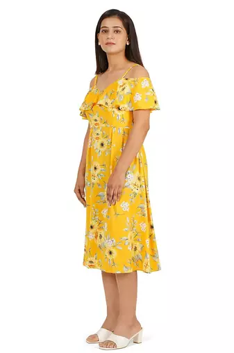 Yellow printed off shoulder ruffle dress