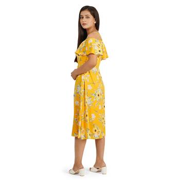 Yellow printed off shoulder ruffle dress 5