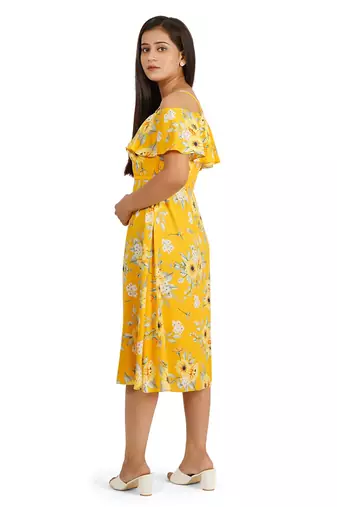 Yellow printed off shoulder ruffle dress