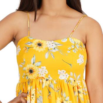 Yellow printed noodle strap short dress 2