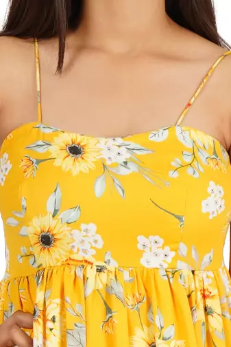 Yellow printed noodle strap short dress
