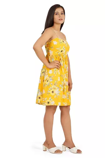 Yellow printed noodle strap short dress