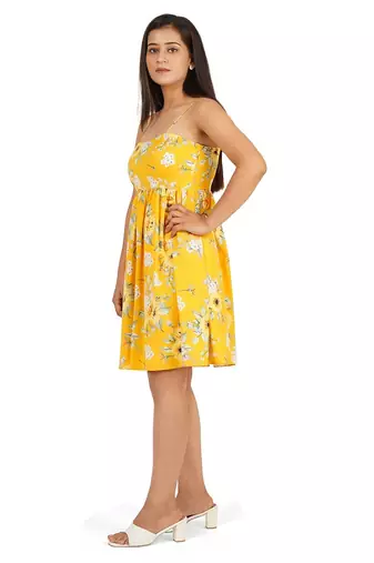 Yellow printed noodle strap short dress