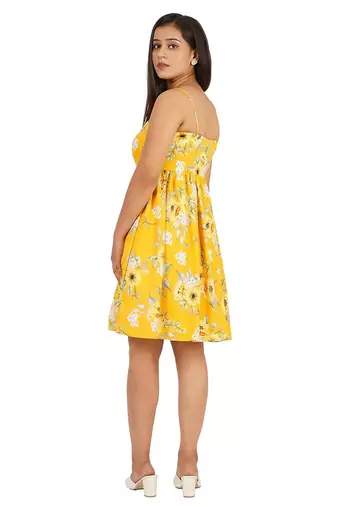 Yellow printed noodle strap short dress
