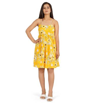 Yellow printed noodle strap short dress 1