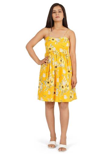 Yellow printed noodle strap short dress