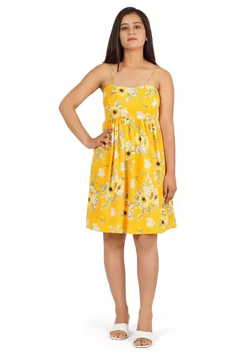 Yellow printed noodle strap short dress