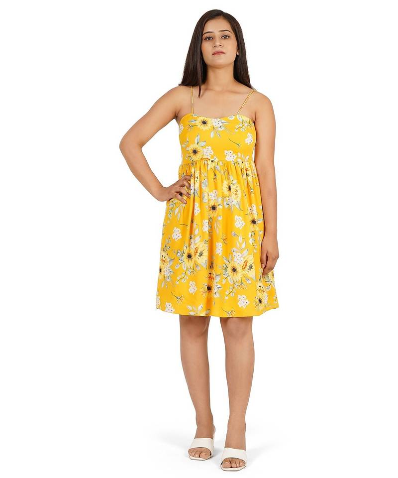 Yellow printed noodle strap short dress