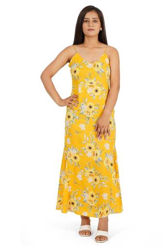 Yellow printed a-line long dress