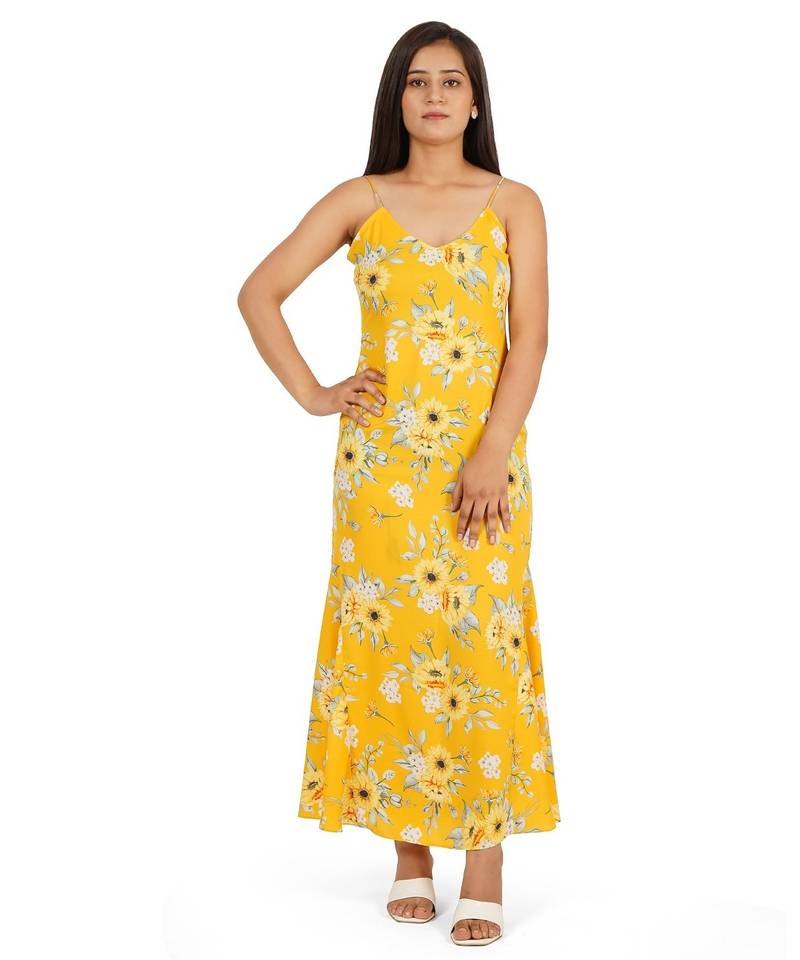 Yellow printed a-line long dress