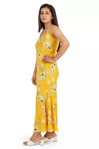 Yellow printed a-line long dress